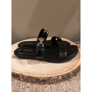 MICHAEL KORS Women 6.5 M Black Two Strap Gold MK‎ Logo Slide Sandal